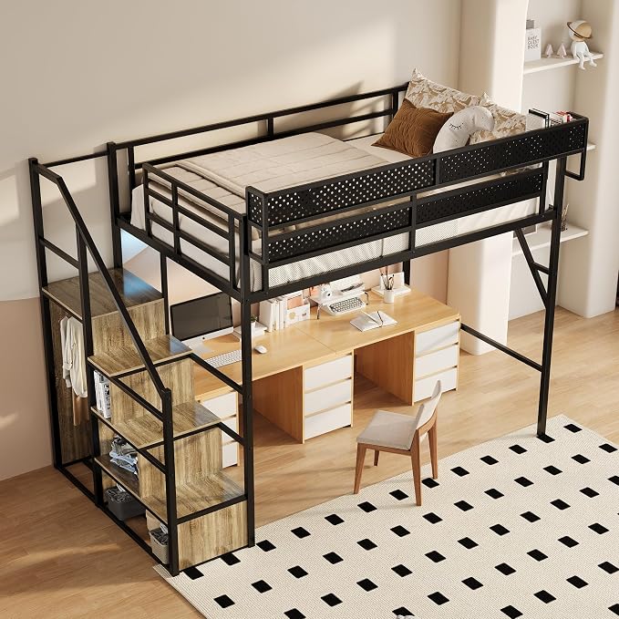Full Size Metal Loft Bed with Storage Stairs, Wardrobe & Charging Station | Storage Shelve,Convertible Staircase,LED Lights, Solid Wood Stairs, Safety Guardrail, Noise-Free, No Box Spring Needed
