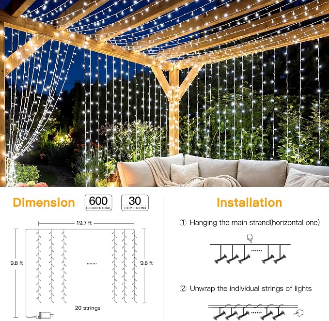 Ollny Curtain Lights 600 LED 19.7x9.8ft, Outdoor Waterproof String Lights for Backdrop, Fairy Light with Remote Timer 8 Modes, Plug in Christmas Light for Wall Wedding Patio Gazebo, Cool White