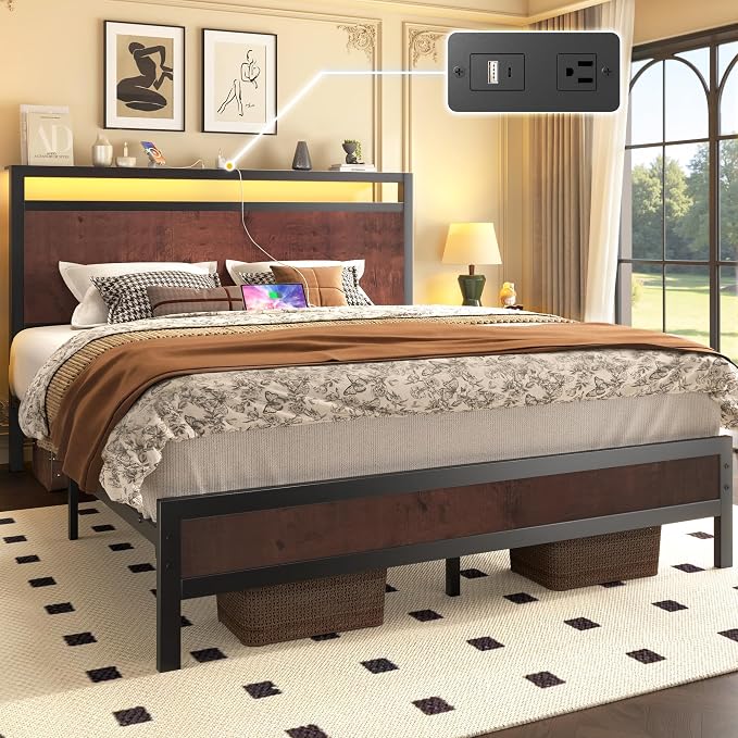 Fluest Queen Bed Frame with Headboard & Footboard, Bed Frame with Built-in Charging Station & LED Light, Storage Shelf, Noise-Free, No Box Spring Needed, Easy Assembly, Coffee Brown