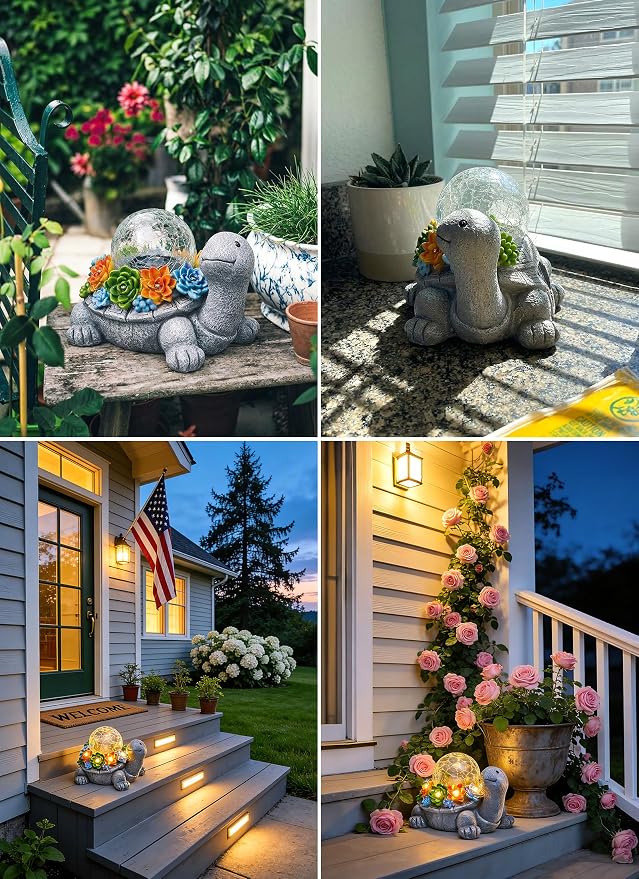 Brightown-Solar-Turtle-Garden-Decor-Statue with 5 Succulent LED Lights, Hand-Painted Resin, IP65 Waterproof Outdoor Decor for Patio, Balcony & Yard Decorations, Unique Mothers Day Gifts for Mom