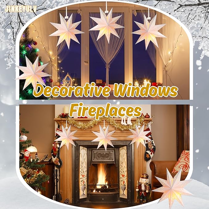 Paper Star Lantern 3PCS Christmas Paper Stars Lantern 13.78 inch 9 Points Paper Star Lantern Hanging 3D Christmas Paper Star Hanging Star Foldable for Wedding Xmas White decoración navideña