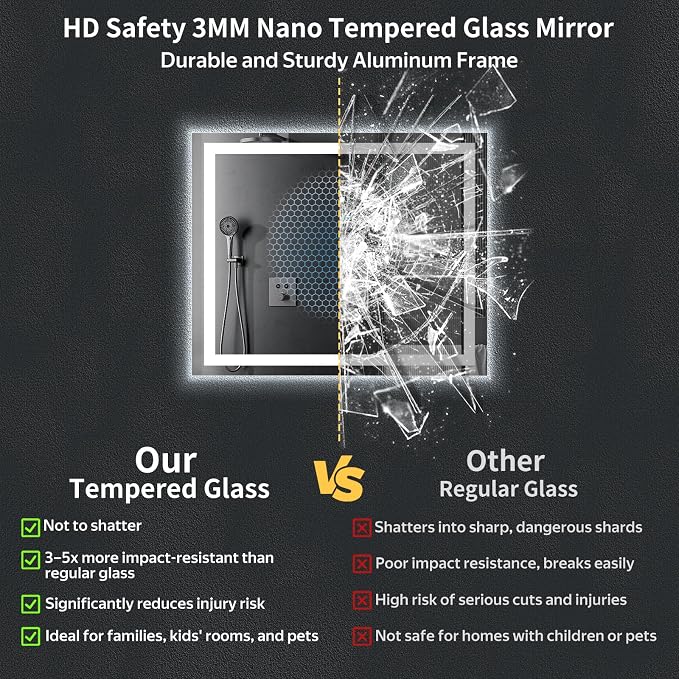 36"x30" LED Bathroom Mirror with Lights, Backlit+Frontlit, Anti-Fog | CRI 95, Stepless Dimmable, 3 Colors Lighting, Shatterproof Tempered Glass, HD Reflection, Memory, (Horizontal/Vertical)