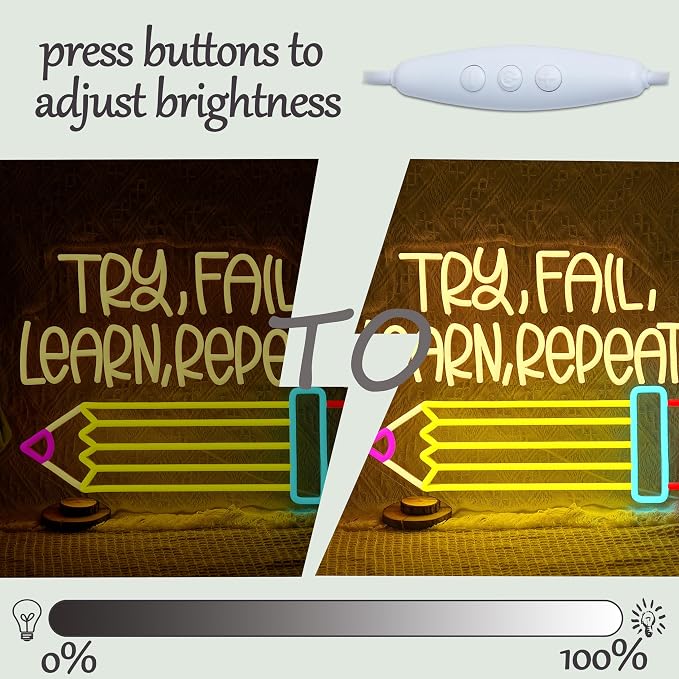 Try Fail Learn Repeat Neon Sign Pencil LED Read Books Neon Light Motivational Learning Light Up Sign for Wall Decor Office Classroom Study Room Shop Bookstore