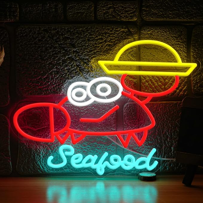 Seafood Neon Sign Dimmable Crab Neon Light Marine Animals Light Sign for Seafood Restaurant Aquarium Kitchen Outdoor Food Party(12.6 * 16.54In)
