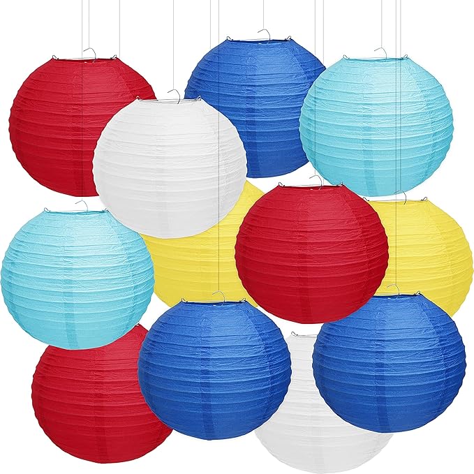 12 PCS Circus Theme Party Decorations, Red Yellow Blue Paper Lanterns, Summer Party Decorations for Beach Pool Hawaiian Carnival Circus Birthday Party Supplies