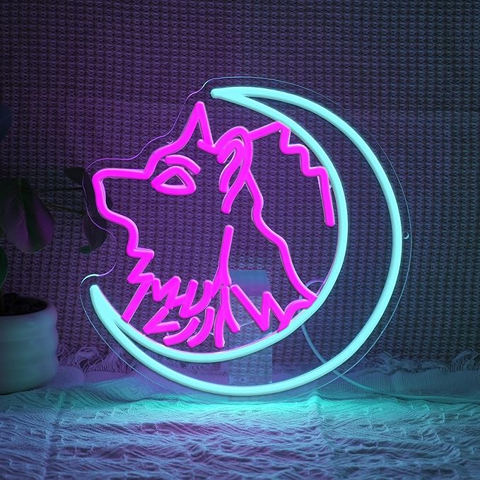 Moon Wolf Neon Sign for Wall Decor Striking Wolf Led Neon Light Eye-catching Animal Led Light Sign Blue Moon Light Up Sign for Bedroom Man Cave Zoo Bar Club Party