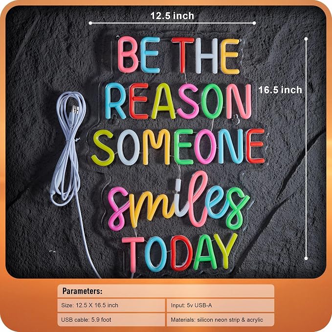 Be The Reason Someone Smile Today Neon Sign, Positive Affirmation LED Light for Wall Decor Multicolored Positive Motivational Quote for School Classroom Kids Room Home Compatible with Timer (15.7 X 12.6 in)