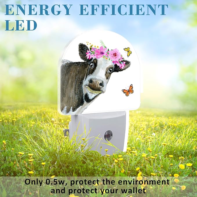 Night Light Plug into Wall Watercolor Cow with Wreath Dusk to Dawn Sensor for Kid Girls Boys Women Men Room Decor, Hallway, Kitchen, Bathroom, Nursery, Stairs