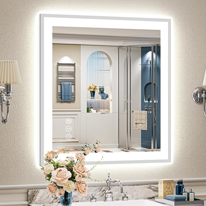 28x32 Inch Brushed Nickel LED Bathroom Mirror, Backlit & Front Lit | Silver Framed Anti-Fog Lighted Vanity Mirror with Lights, 3 Color Dimmable, Memory, HD Tempered Glass, CRI95, IP54, UL Listed