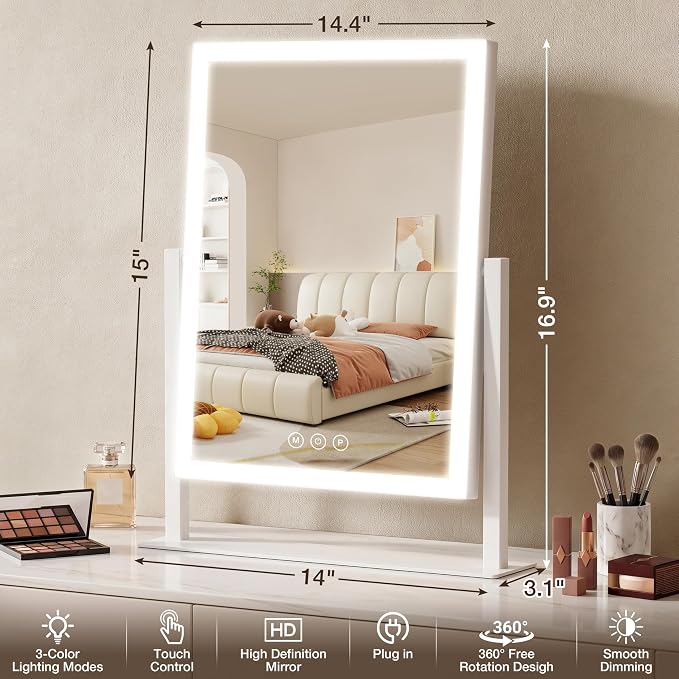 Acoolda Vanity Mirror with Lights,16.9"x 14" Lighted Makeup Mirror, Makeup Mirror with Lights,Three Color Lighting Modes, and 10X Magnification Mirror, Smart Touch Control, 360°Rotation White