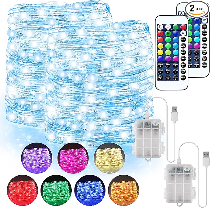 OMIKA 2 Pack 16.4ft 50 LED 16 Colors Battery Operated & USB Powered Fairy Lights, with Remote Waterproof LED String Lights for Bedroom Garden Patio Party Indoor Outdoor Decor(132 Modes)
