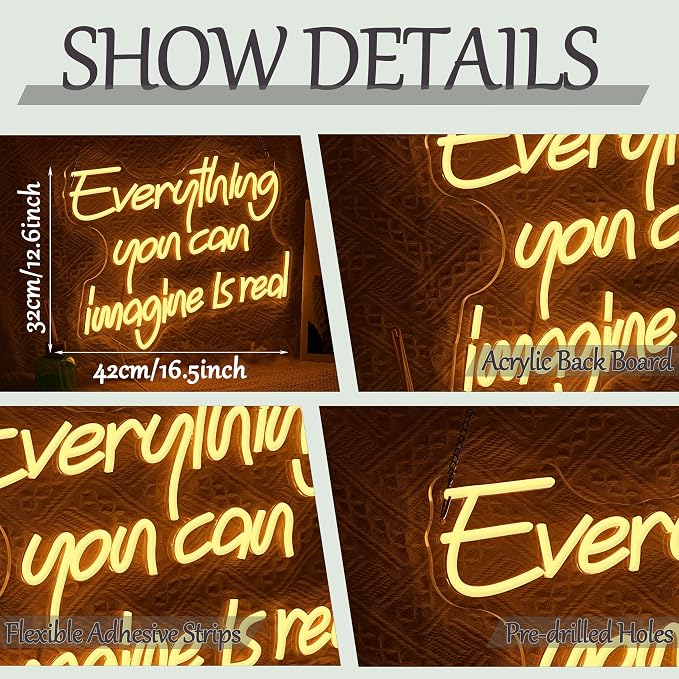 Everything You Can Imagine Is Real Neon Sign USB Powered Motivational Words Neon Light Inspirational LED Light Sign for Wall Decor Classroom Home Shop Office