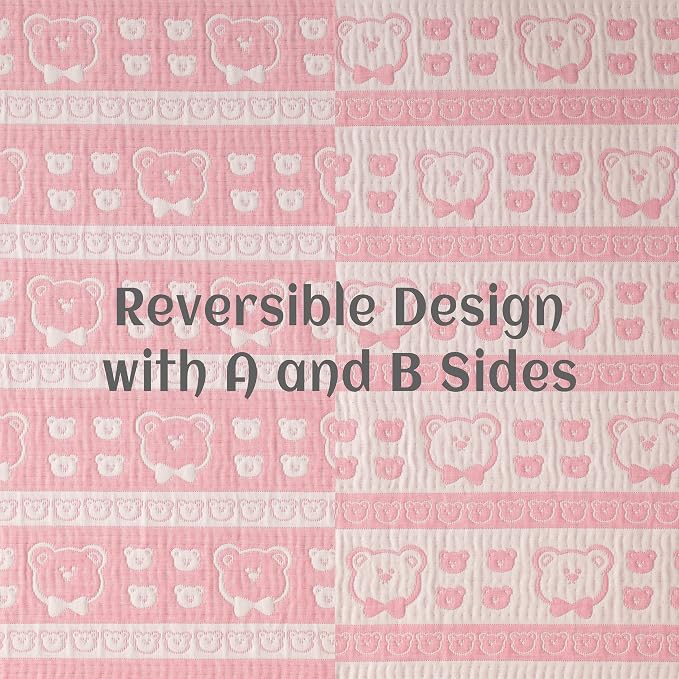 NTBAY 3 Layer Muslin Toddler Blanket, 30 x 40, Pink Bear | Breathable Muslin Cotton Outer Layers with Light Thermal Fill, Reversible for Stroller, Daycare, Travel, and Supervised Use