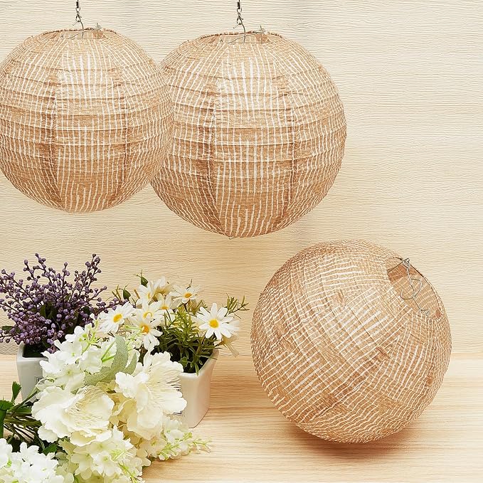 12 Pcs Print Burlap Paper Lanterns Round Chinese Paper Lanterns Farmhouse Boho Classroom Home Decor Classroom Sweet Birthday Party Ceremonial Event (10/12 Inch)