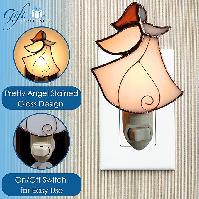 Gift Essentials Angel Plug in Night Light - Stained Glass Nightlight with On/Off Rocker Switch - Includes One 4 Watt Replaceable Incandescent Warm Glow Bulb