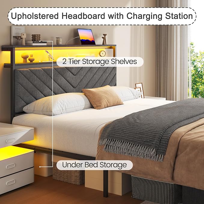 Fluest Queen Bed Frame with 2 Drawers, Upholstered Headboard with Storage and Charging Station, LED Lights, Fabric Drawers with Wheels, Under Bed Storage, No Box Spring Needed, Easy Assembly, Grey
