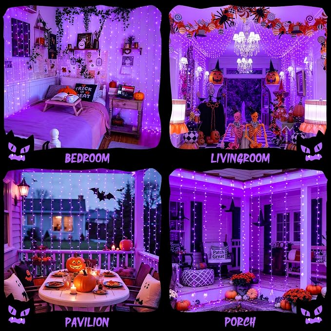 JMEXSUSS 200 LED USB Purple Halloween Lights, 6.5ft x 6.5ft | Halloween Curtain Lights with Remote, 8 Modes Purple Curtain String Lights for Bedroom Party Halloween Decorations