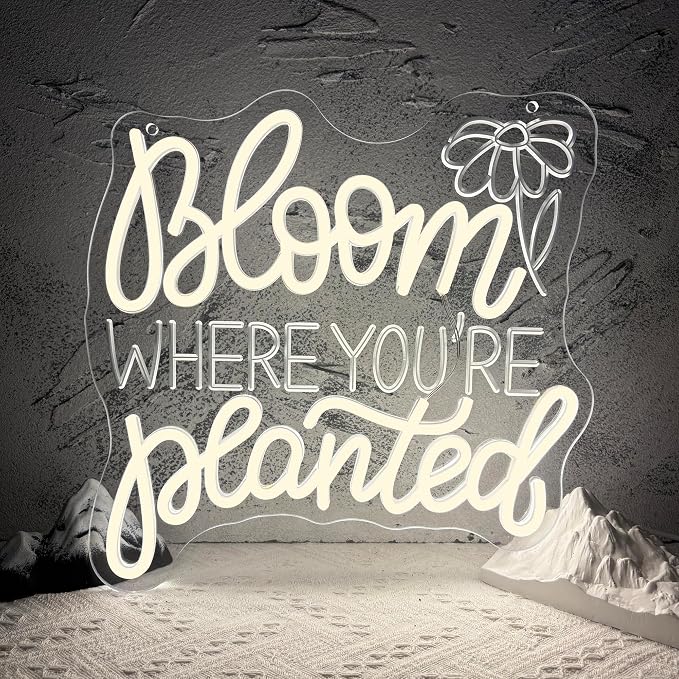 Bloom Where You’Re Planted Neon Sign, Inspirational Neon Light USB Powered LED Flower Sign Dimmable, for Office Motivational Graduation Gift Bedroom Room Living Room Library(12.9 * 12.9 In)