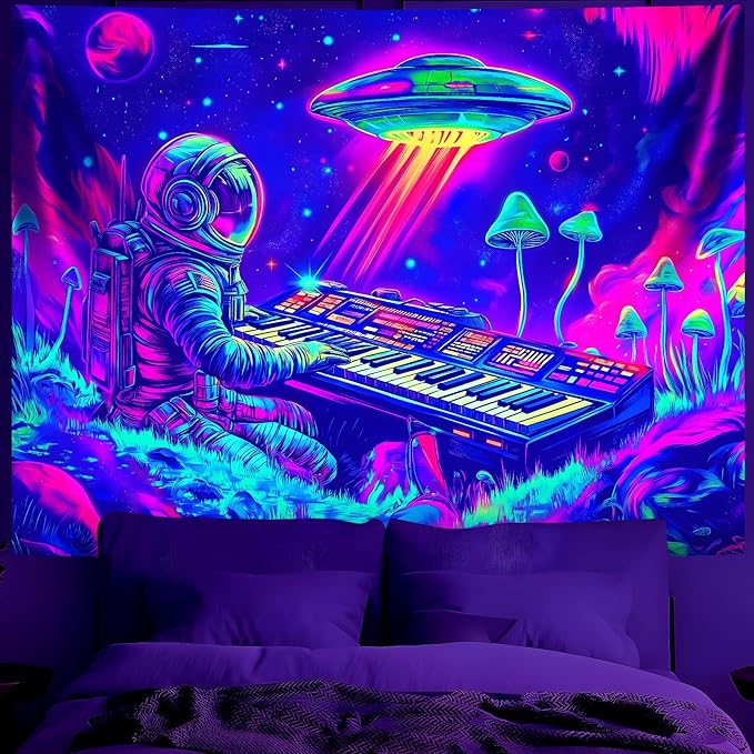 BVBOX Blacklight Space Astronaut Tapestry UV Reactive Galaxy Planet Glow in Dark Tapestries Black Light Poster Neon Wall Hanging Art for bedroom Living Room (Astronaut Play the Keyboard-3M)