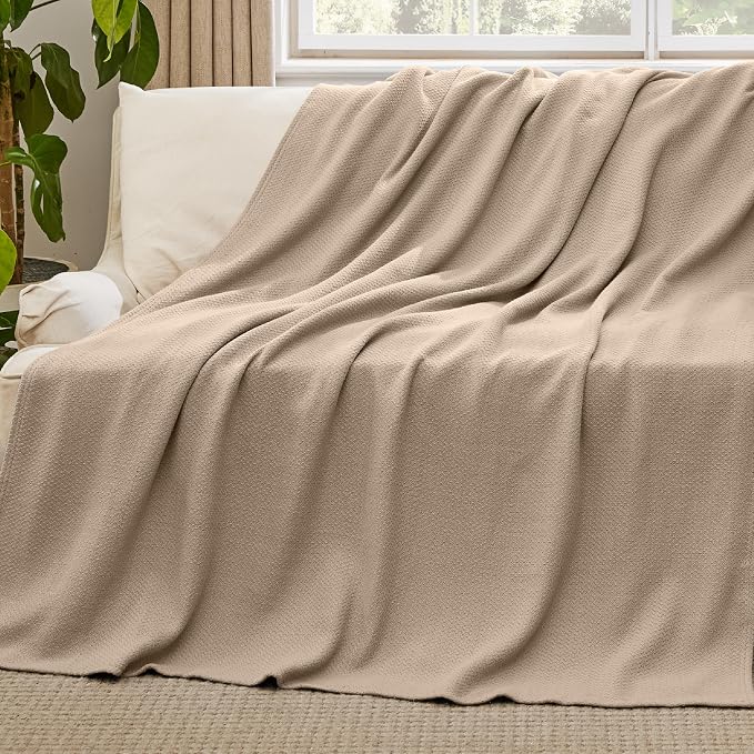 Bedsure GentleSoft 100% Cotton Blanket Twin XL Size for Bed - Cooling Breathable and Lightweight, Soft Cozy Textured Herringbone Woven Summer Blanket for College Dorm, Khaki, 66x90 inches