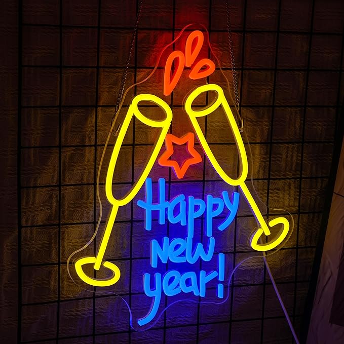 Happy New Year Neon Sign for Wall Decor Dimmable Champagne Cheers Neon Light Sign for New Year’s Eve Party Christmas Holiday Celebrate Bar Home