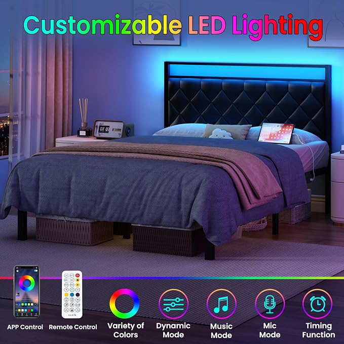 Full Size Bed Frame with Headboard, Modern Metal Bed Frame with LED Lights & Charging Station, PU Leather Upholstered Headboard, All Metal Slats Support, No Boxing Spring Needed, Noise Free, Black
