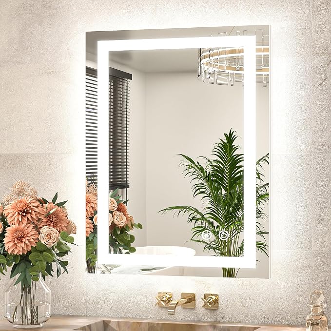 LED Bathroom Mirror 20 x 28 Inch Brighter Light up Mirror for Bathroom Vanity, Front and Backlit Lighted Anti-Fog Wall Mirror with Lights, 3-Color Dimmable, Waterproof, Tempered Glass