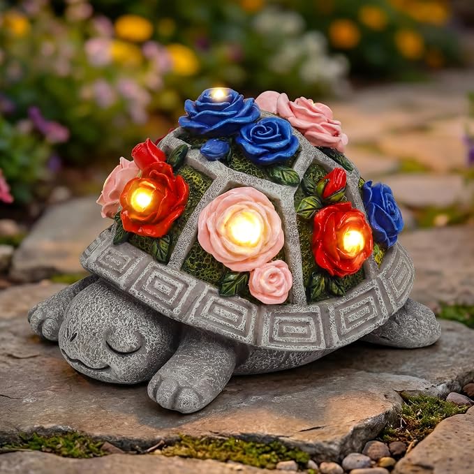 Solar Garden Decor Outdoor Turtle Statue with Multi-Color Rose Flowers & 7 LED Lights – Outside Tortoise Decoration for Lawn Yard Patio Backyard - Home House Art - Gift for Men Dad Women Mom