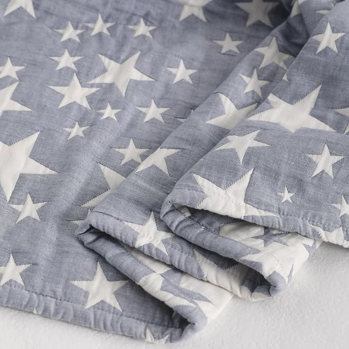 NTBAY 3 Layer Oversized Muslin Toddler Blanket, 45 x 60, Blue/White Star | Muslin Cotton Outer Layers with Light Thermal Fiber Fill, Reversible Blanket for Daycare, Travel, Naps, and Supervised Use