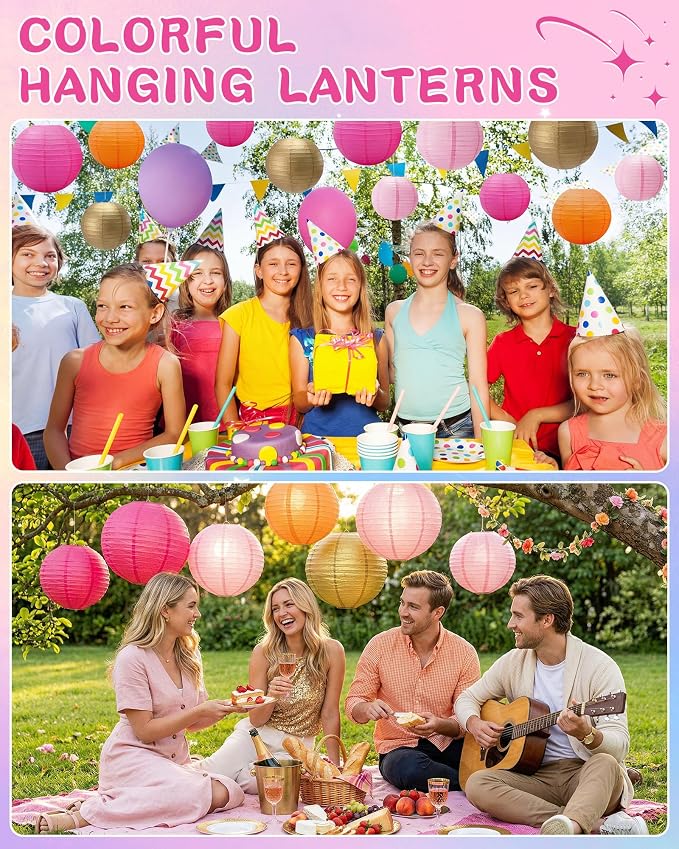 Treela 48 Pcs Paper Lanterns Party Decorations Round,Gold,Orange | Chinese Hanging Lamps, Wedding, Party Supplies, Birthday Bridal, 4/6/8/10 Inch, Easy Setup, Asian Decor, Festive Atmosphere