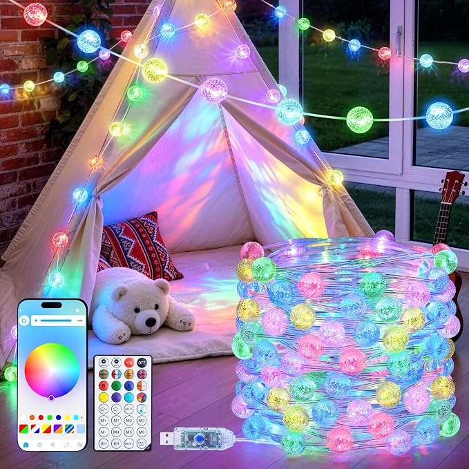 JMEXSUSS Smart 33FT 66 LED Globe Crystal Crackle String Lights USB/Plug in | RGB Color Changing Lights, App & Remote Control, Music Sync, Twinkle Fairy Lights for Classroom Dorm Bedroom DIY Gift Decor