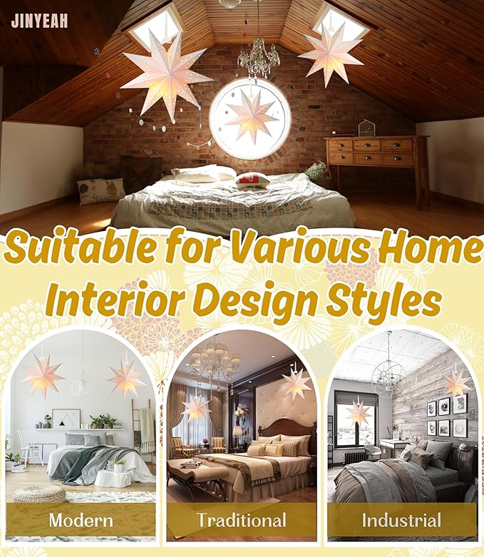 Paper Star Lantern 3PCS Christmas Paper Stars Lampshade 13.78 inch Hanging 3D Christmas Pentagram Lampshade 9 Points Lantern Foldable for Xmas Wedding decoración navideña
