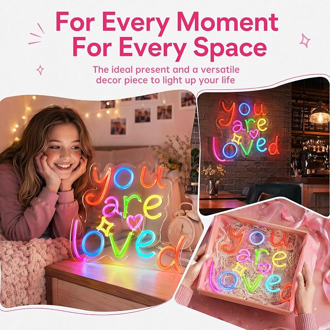 You Are Loved Neon Light for Wall Decor, Dimmable Sign for Bedroom | 16"x12" Colorful Letter Light, Birthday Gift for Daughter/Son/Girlfriend (No Adapter) 6.5ft USB Powered