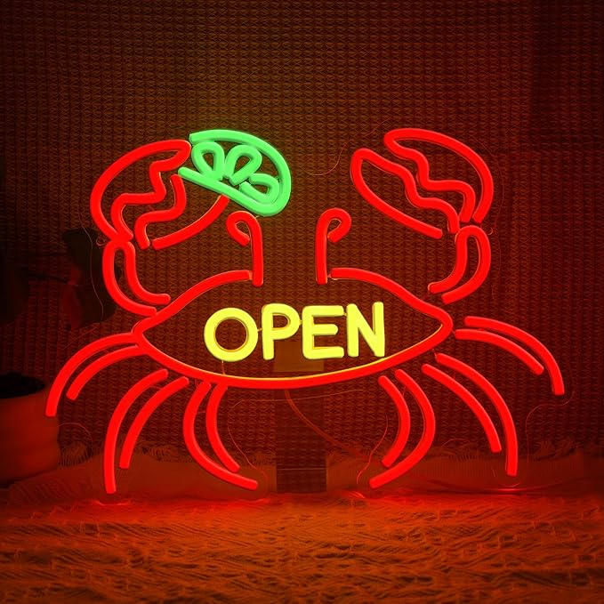 Crab Open Neon Sign for Business Decor Striking Seafood Open Neon Light Dimmable Crab Led Light Sign for Seafood Restaurant Market Food Shop Aquarium Fish Shop