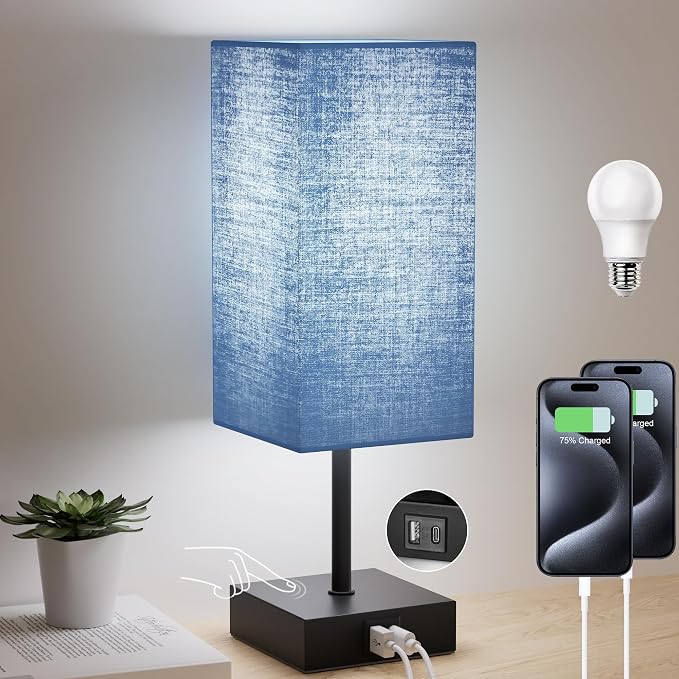 Bedside Table Lamp for Bedroom with 2USB Ports, 14-Inch, NavyBlue | USB A+C Ports, Touch 3-Way Dimmable LED Bulb Included Fabric Lampshade Metal Base Small Nightstand Lamp for Desk Living Room