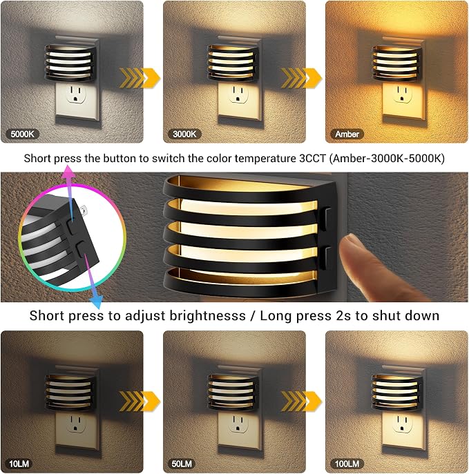 JandCase LED Night Lights Plug into Wall, 2 Pack Night Light with 3 Colors | 3000K-5000K-Amber, 3 Level Brightness Adjustable Plug in Night Light, Dusk to Dawn Nightligts for Adults Bedroom Bathroom