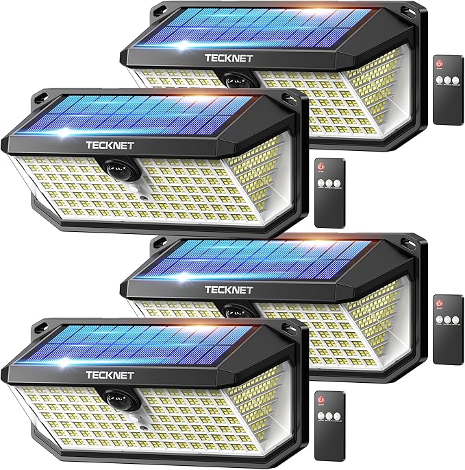 TECKNET 546 LEDs Motion Sensor Outdoor Lights with Remote Control & Hook,7500LM Solar Lights Outdoor with 2200mAh & IP66 Waterproof, 300° Angle & 3 Modes, Solar Lights for Patio Fence Garage 4 Pack