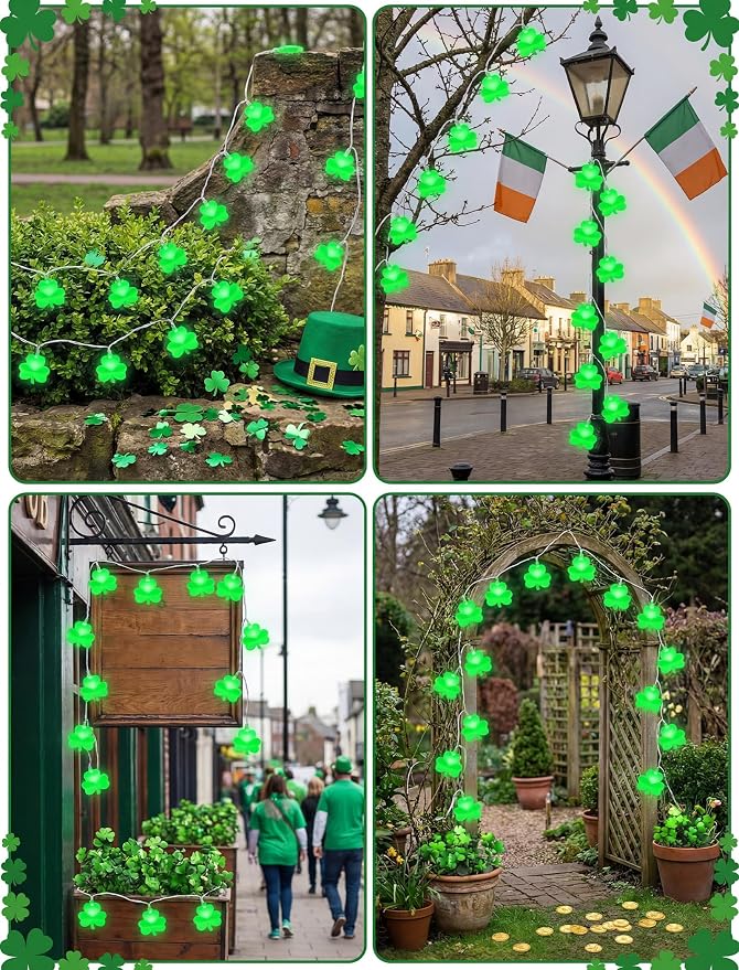 Shamrock String Lights, 8.5Ft St Patrick's Day Decorations with 10 LED Solid Green Clover Lights, Plug in Clover Fairy String Lights for Party Bar Garden Bedroom Party Irish Holiday Decor