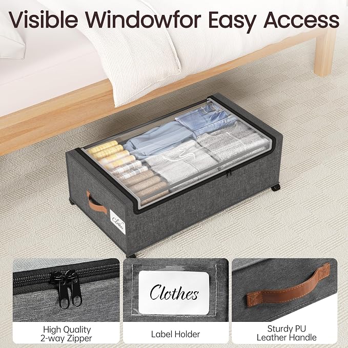 Yecaye 95L Under Bed Storage Containers, Fits 11" Under Bed, 2 Pack, Grey | XXL Capacity, 360° Rolling Wheels, Sturdy Metal Frame, Clear Window & Label, Storage Bins for Clothes, Shoes, Blankets