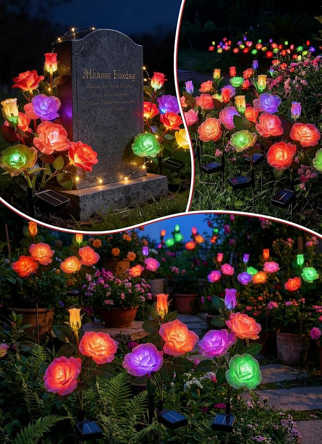 Brightown Solar Garden Lights, 4 Pack 7-Color Changing Rose Flower Lights | Larger & Realistic Rose, Bigger Solar Panel, Waterproof LED Solar Lights Outdoor for Yard Garden Lawn Pathway Decorations