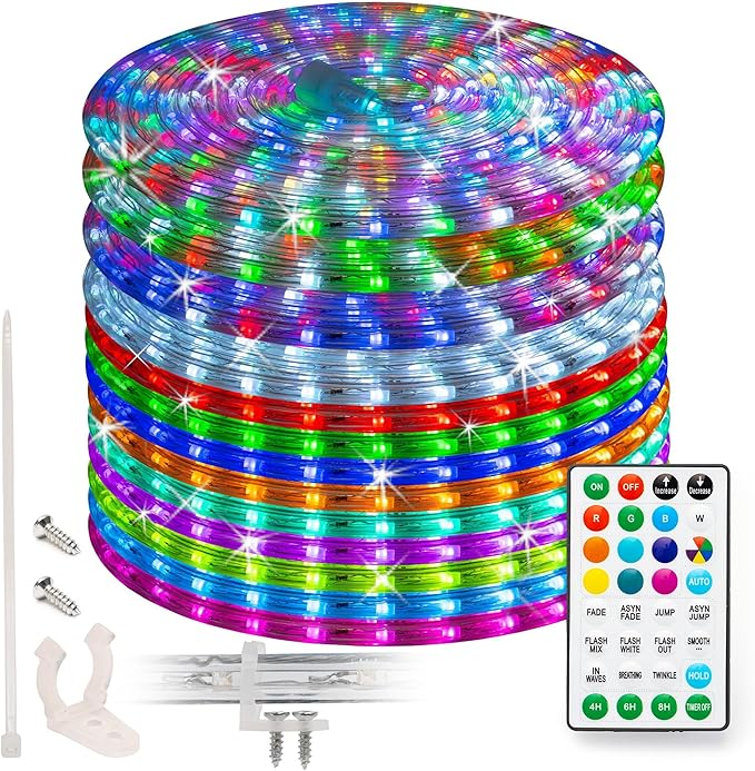 WYZworks 100 ft 1152LEDs, 10 Color Changing Outside Rope Light 12-Modes w/Remote Controller, Outdoor ETL Certified Weatherproof Permanent 360 Degree Flexible Bend & Light Emitting Accent Lighting