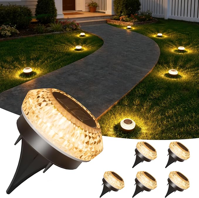 VOLISUN Solar Ground Lights Outdoor,6 Pack Flat Solar Pathway Lights | IP67 Waterproof Solar Powered Disc Lights,Landscape Lighting for Garden Yard Walkway Patio Driveway,Warm White