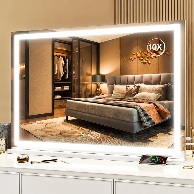 ROLOVE Large Vanity Mirror with Lights 35.5" x 27", LED Hollywood Makeup Mirror with USB Charging Port, 3 Color Modes, Dimmable Touch Control, 10X Magnification, Wall Mounted or Tabletop