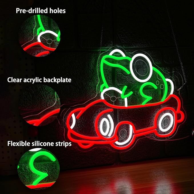 Frog Car Neon Sign Frog Driving Car Neon LED Light Cute Animal Toad Light Sign for Wall Decor Man Cave Game Room Playroom Zoo Party (12.6 * 16.54In)
