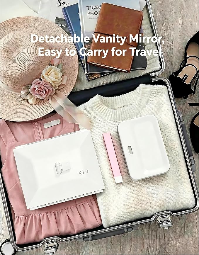 9 x 14 in Trifold Makeup Mirror with Lights, 1X/2X/3X, White | 76 LEDs with three color modes, touch dimming and a 2400mAh rechargeable battery for cordless tabletop use