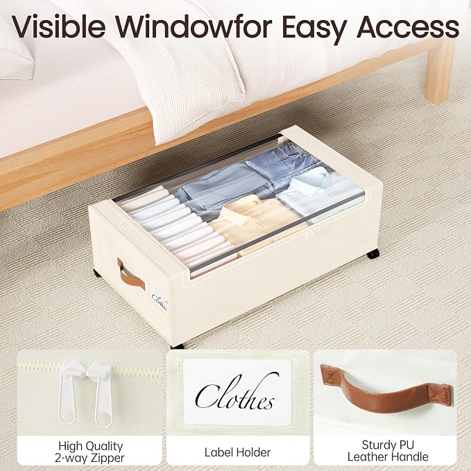 Yecaye 95L Under Bed Storage Containers, Fits 11" Under Bed, 2 Pack, Beige | XXL Capacity, 360° Rolling Wheels, Sturdy Metal Frame, Clear Window & Label, Storage Bins for Clothes, Shoes, Blankets