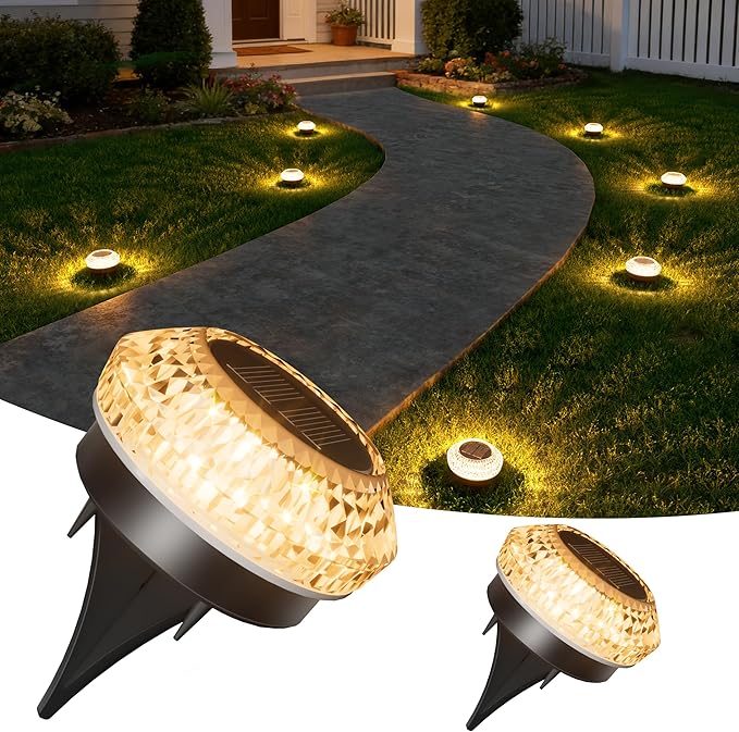 VOLISUN Solar Ground Lights Outdoor,2 Pack Flat Solar Pathway Lights | IP67 Waterproof Solar Powered Disc Lights,Landscape Lighting for Garden Yard Walkway Patio Driveway,Warm White