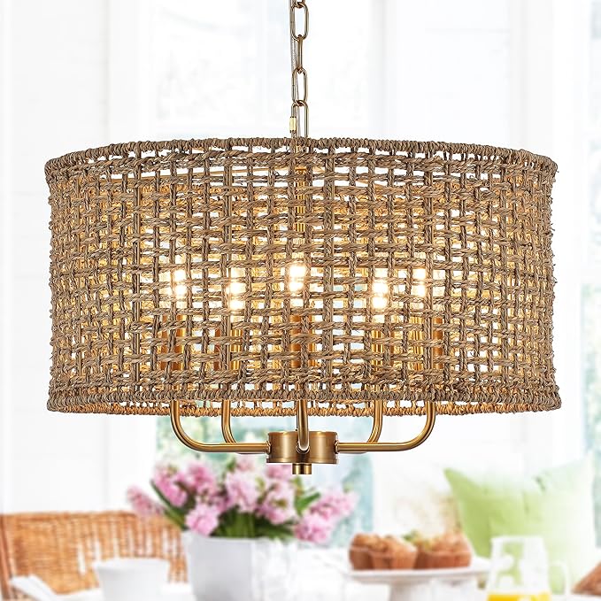 Boho Hand-Woven Rattan Chandelier Vintage Farmhouse Bamboo Golden Chandelier Modern 5-Lights Drum Wicker Gold Chandeliers for Dining Room, Kitchen, Living Room, Entryway, Bedroom, E12