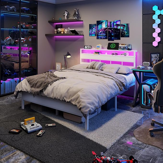 Queen Bed Frame White,Storage Headboard,Charging Station & RGB LED | 2-Tier Wood Shelves, Metal Support Slats, Noise-Free, No Box Spring. 12.6" Under-Bed Clearance. USB & Type-C, Easy Assembly.