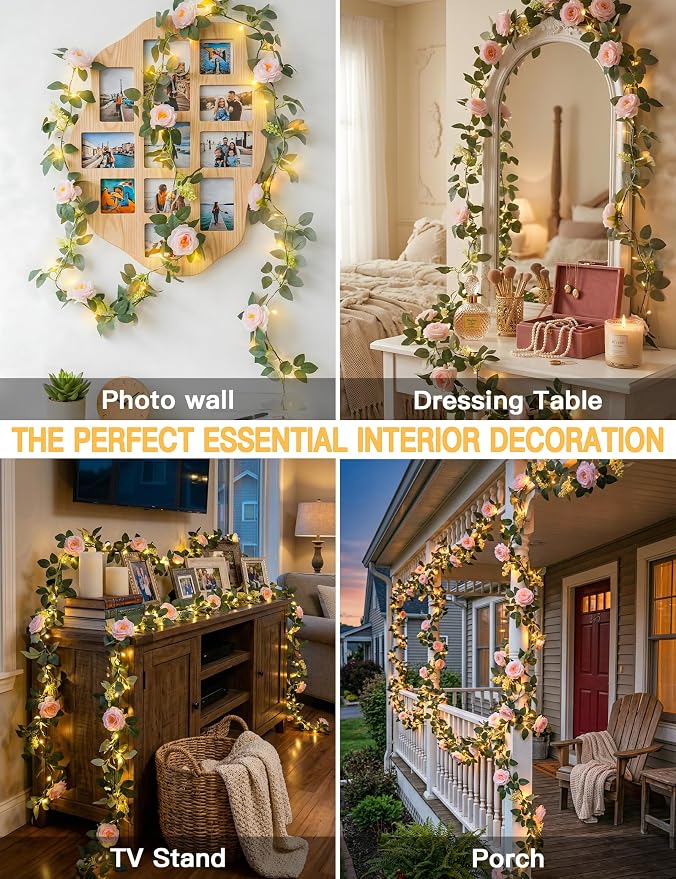 60LED Garland with Pink Camellia Lights Battery Operated Clear Wire | Vines String Lights with Remote,Artificial Fake Flowers leaf Lights for Wedding,Bedroom,Centerpieces Decor(Warm White)